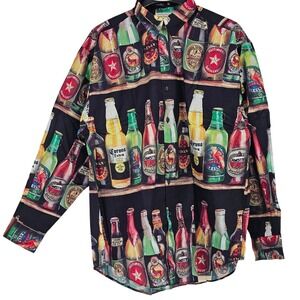 Vintage 90s Norm Thompson Barry Bricken Beer Bottle AOP Shirt L NOS Deadstock
